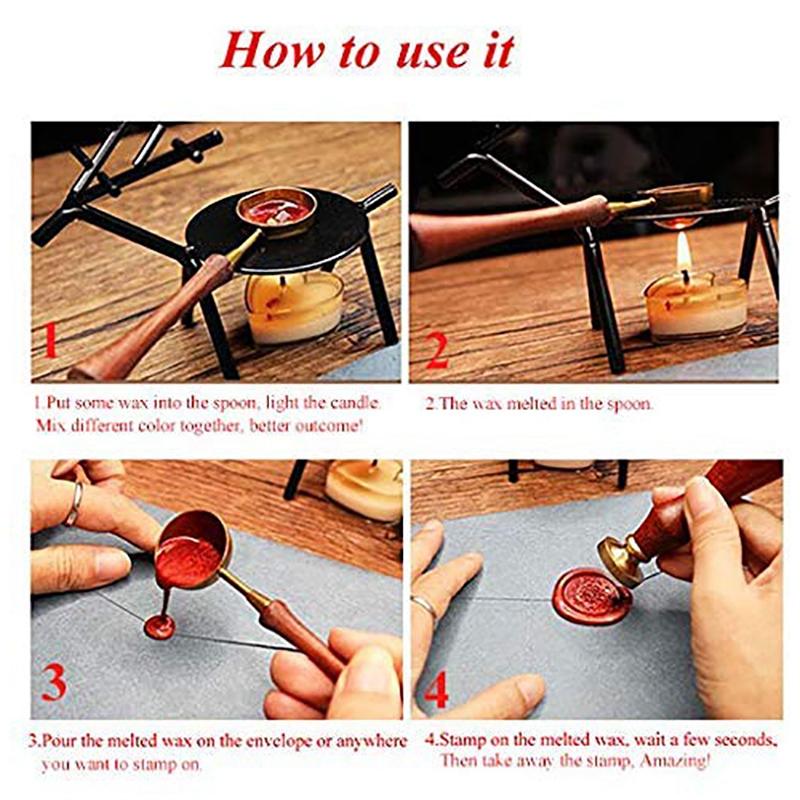 T02C!Sealing Wax Warmer Wax Seal Kit Wood Handle Melting Spoon Sealing Wax Tool For Xmas Package Sealing Seal Stamp Kit
