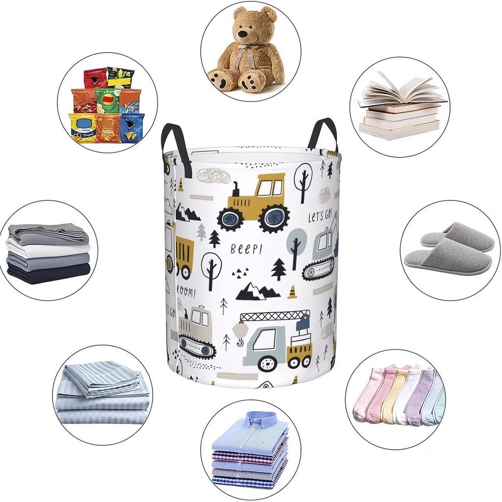 Foldable Fabric Storage Basket - Construction Vehicle Excavator Print