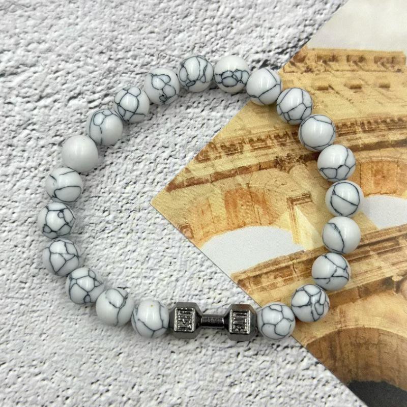 "Turquoise & Volcanic Rock Beaded Bracelet with Dumbbell Charm – Unisex Jewelry”