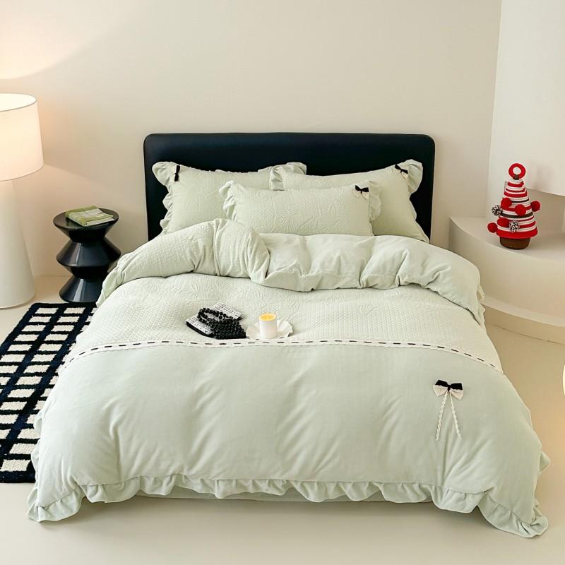 Korean Style Milk Fleece Bedding Set Lace Trim Bow Decor Thick Warm Anti-Static