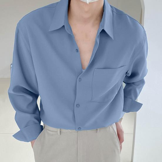 Lapel Long Sleeve Single-breasted Patch Pocket Draped Men Shirt Slim Fit Solid Color Business Dress Shirt Top