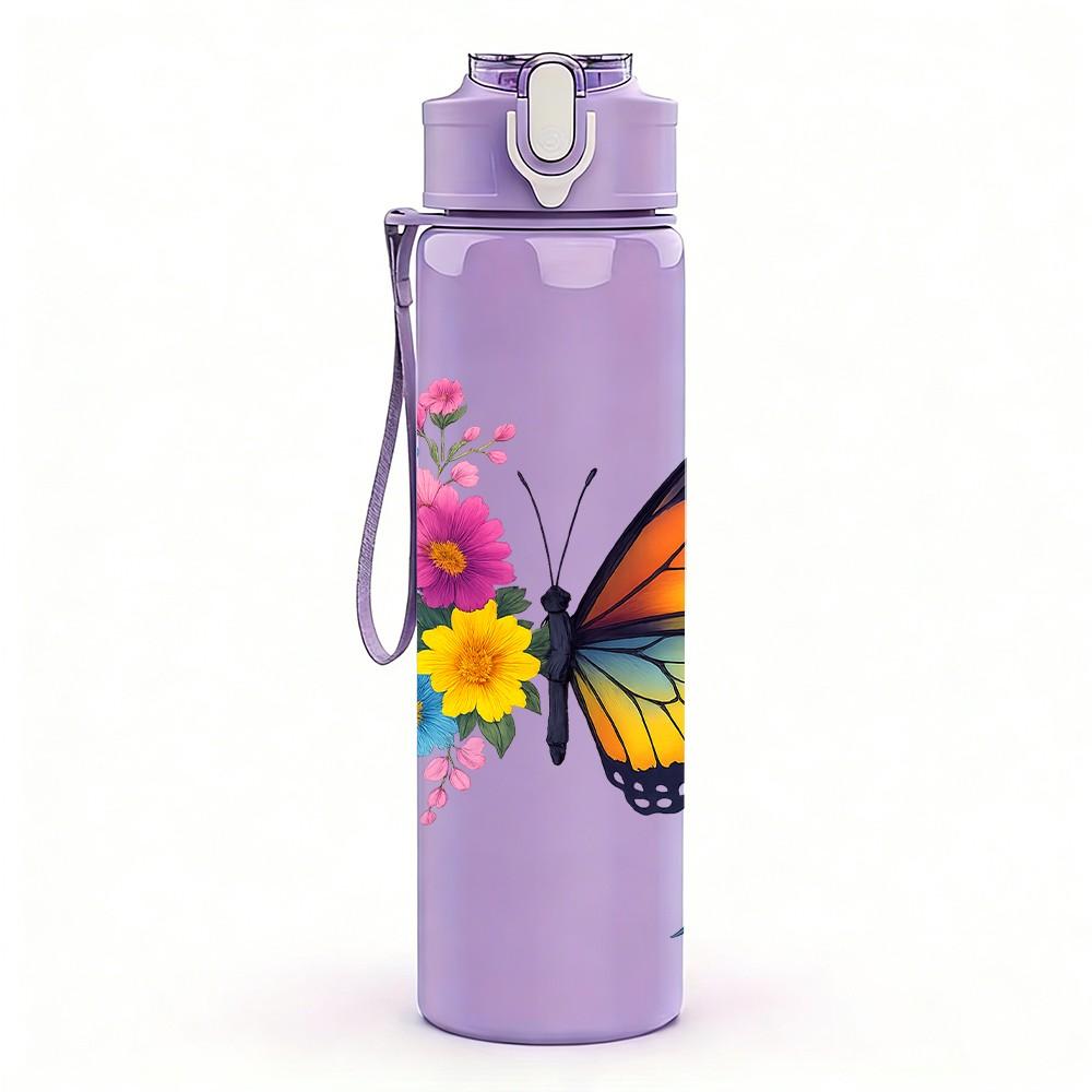 1PC Bright Colorful Butterfly 750ml Color Plastic Sports Water Bottle Leakproof Flip Straw Lid Suitable for Sports Office Home Use