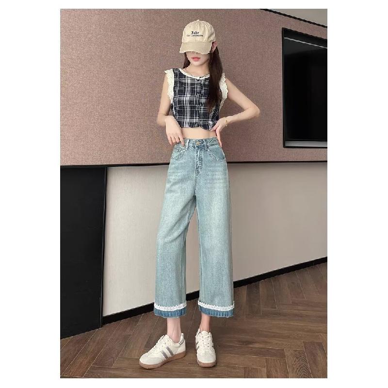 2026 New Lace Trim Straight-Leg Jeans for Women, High-Waisted Wide-Leg Cropped Pants