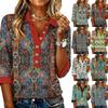 Modny i casualowy damski letni top z dekoltem V, patchworkowy, z rękawem trzy czwarte, w stylu retro