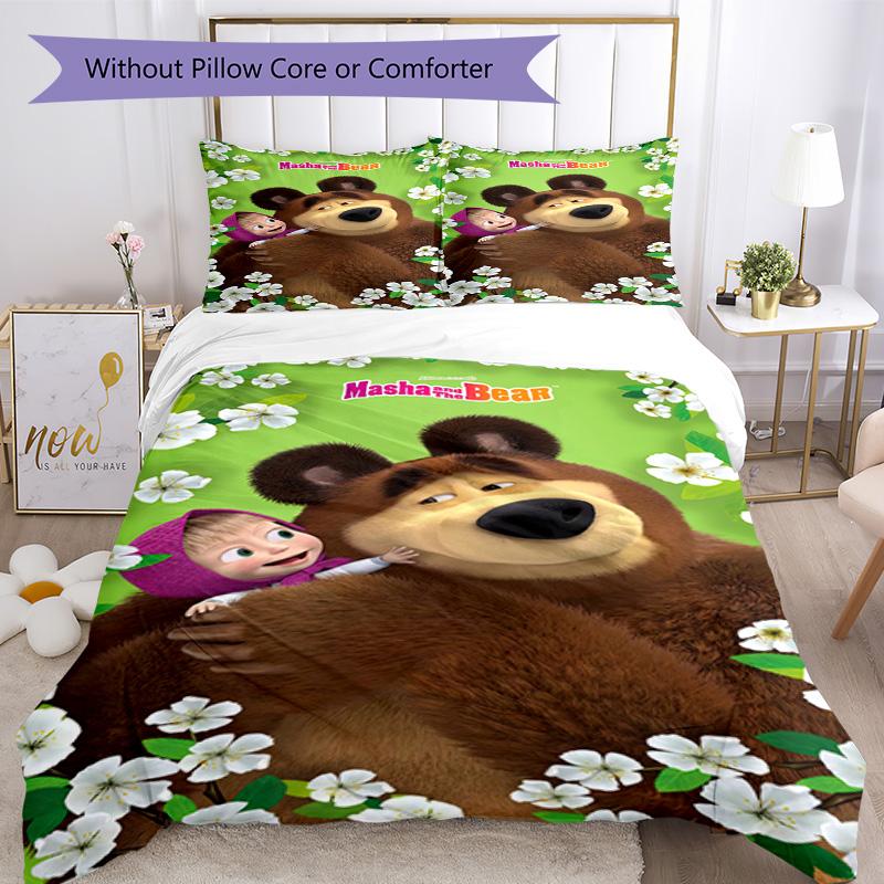 Masha Bär Bettwäsche-Set Atmungsaktiver Bettbezug mit Kissenbezügen Dekorative Bettwäsche für Schlafzimmer Heimdekoration Geburtstagsgeschenk