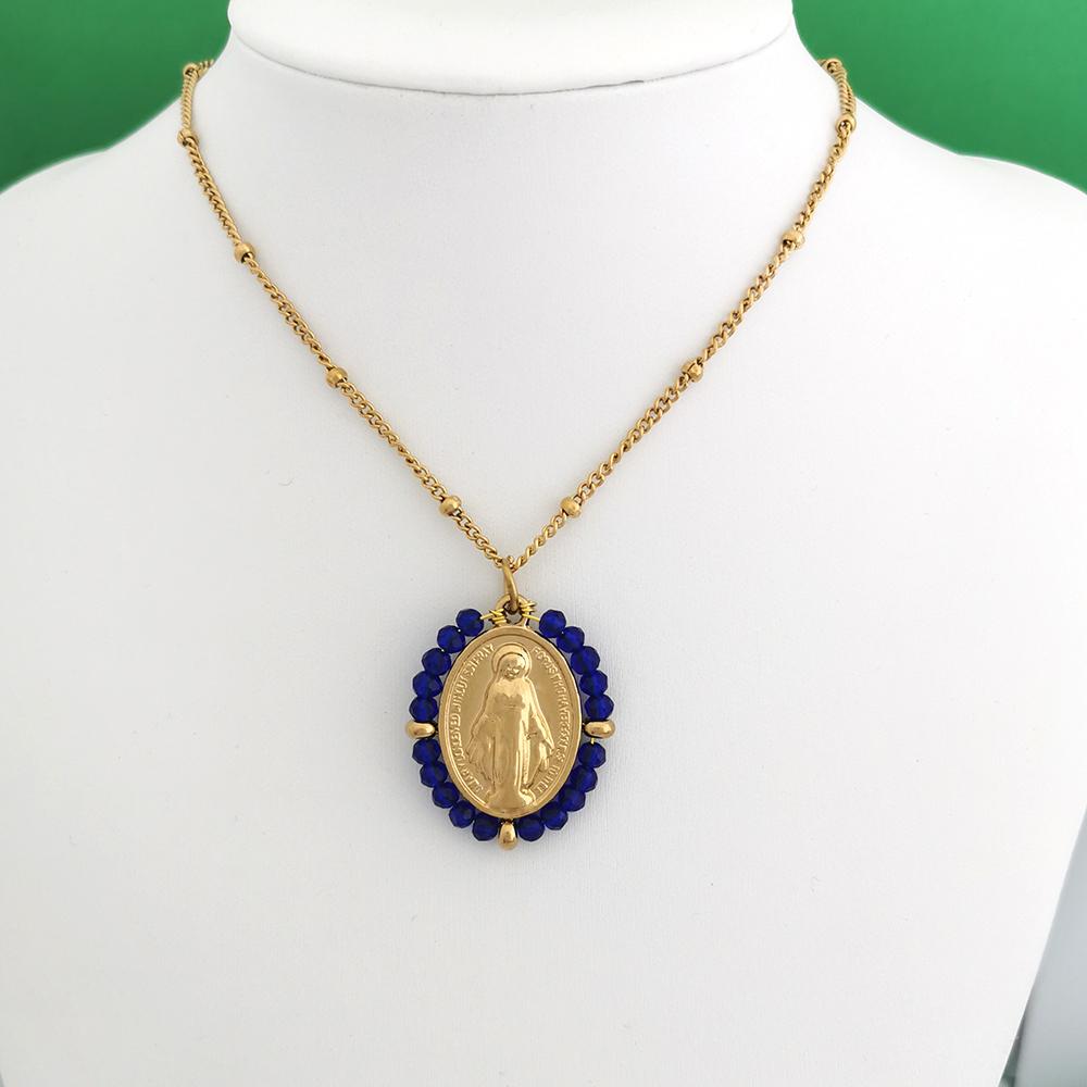 QMHJE Virgin Mary Stainless Steel Pendant Necklace Women Choker Beads Chain Oval Round Charm Gold Color Jewelry White Black