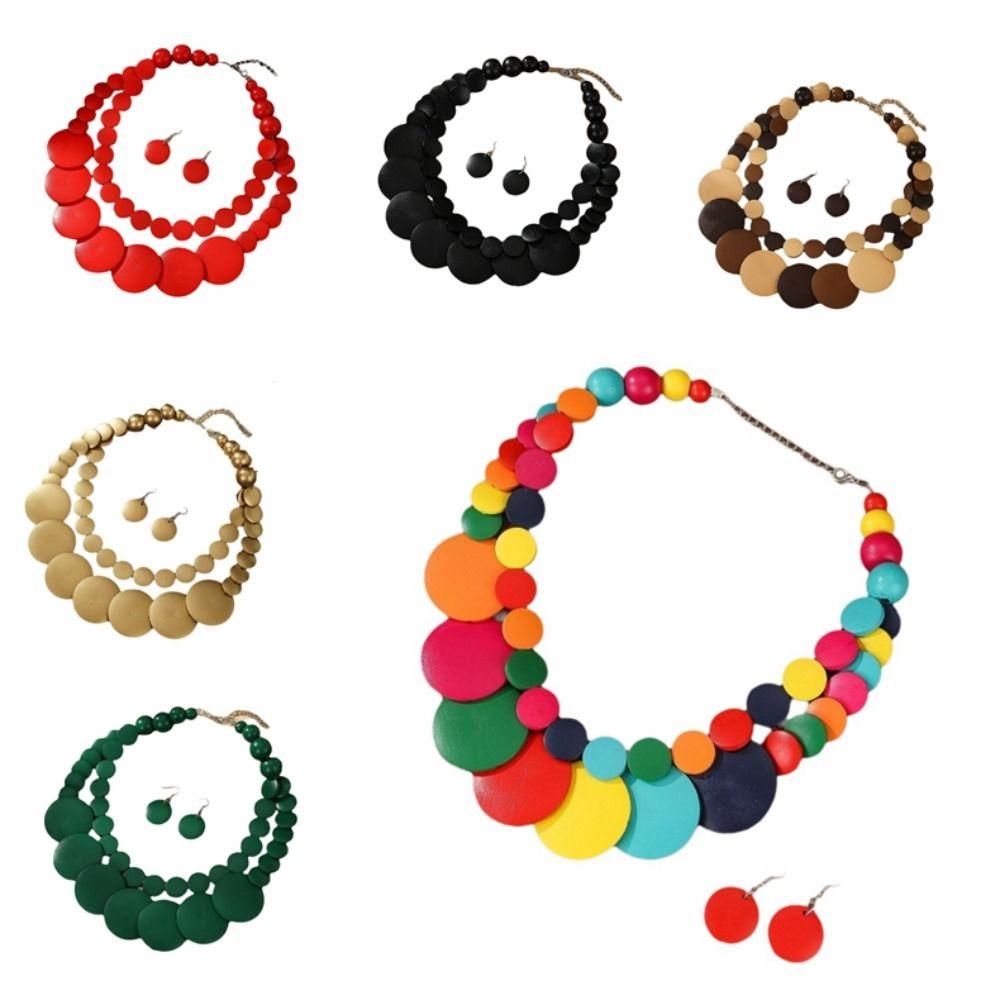 Necklace Wooden Beaded Necklace Double-layer Jewelry Set Exaggerated Round Necklace Beach