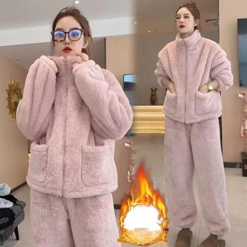 Women's Fleece Pajama Set Winter Thick Warm Coral Flannel Zipper Jacket and Pants Sleepwear Casual Home Suit Female Loungewear