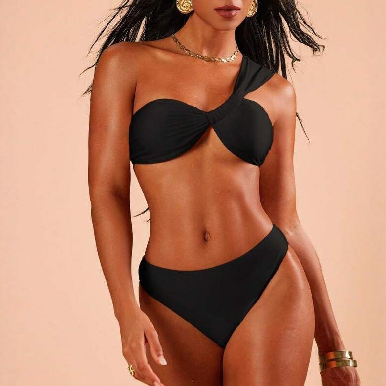 European And American Fashion Single Shoulder Solid Color Split Bikini Two-Piece Swimsuit Female Sexy Backless Bikini Swimsuit
