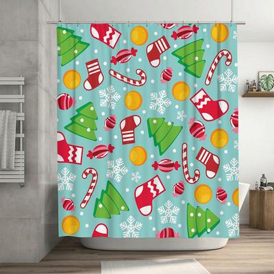 TU Festlicher Feiertags-Duschvorhang Weihnachtsbäume Schneeflocken Zuckerstangenmuster Wasserdicht Badezimmerdekor Weihnachten Heimtextilien