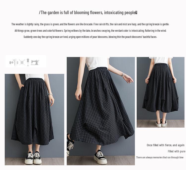 Women's Hepburn Style Plaid Midi Skirt - Three-Piece Dark Irregular A-line for Summer