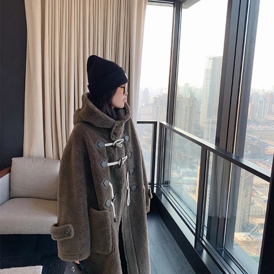 

Пальто свободного кроя с роговыми пуговицами и наполнителем, из гранулированной шерсти и меха, длинное зимнее пальто для женщины L