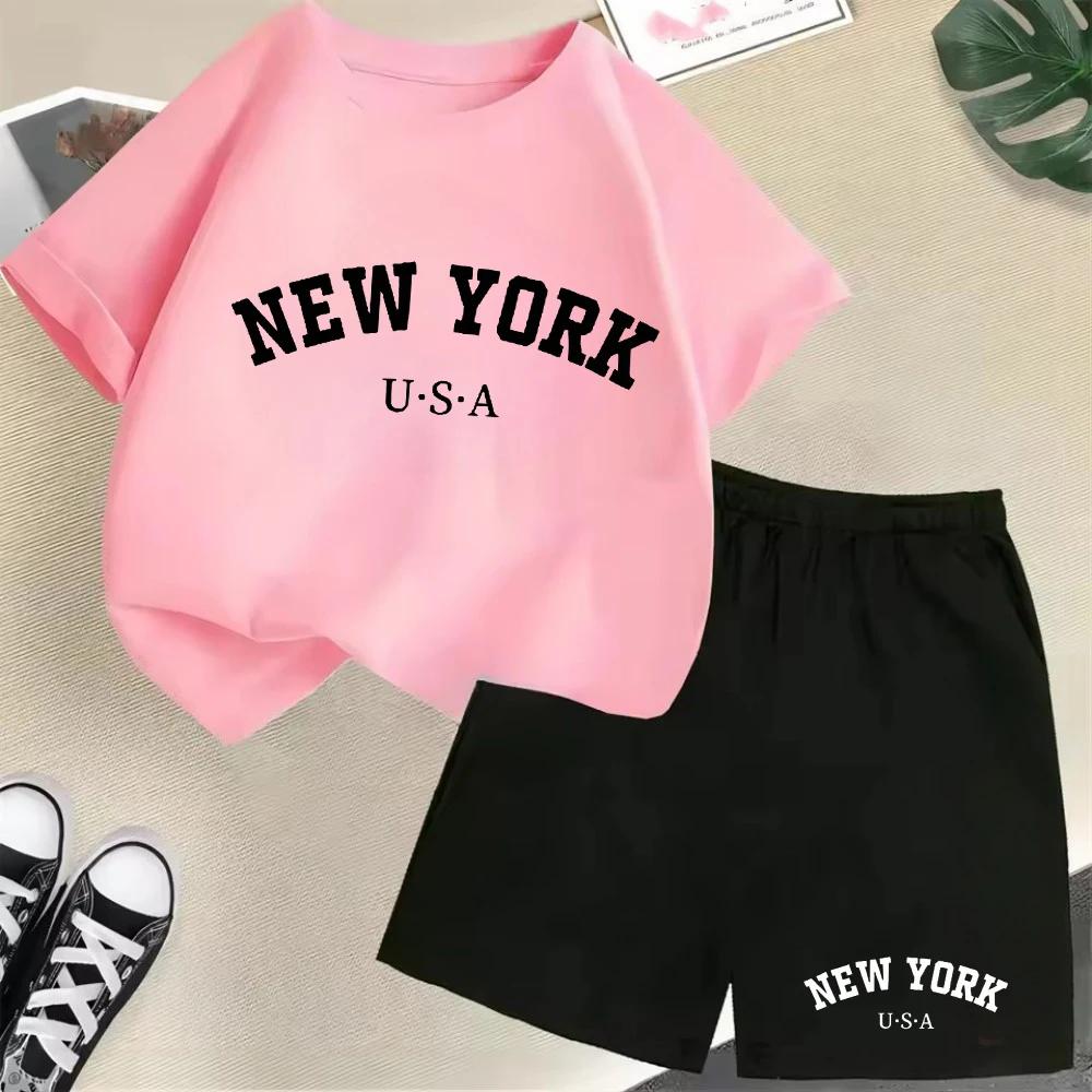 2026 New Kids Boys Girls New York Letter Pattern Polyester T-shirt+Shorts 2-Piece Set Casual Daily