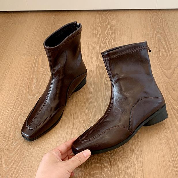 

Retro Square Head Short Boots High Heels Skinny Boots Women s Martin Boots Thick Heel Elastic Small Naked Boots 40 коричневий