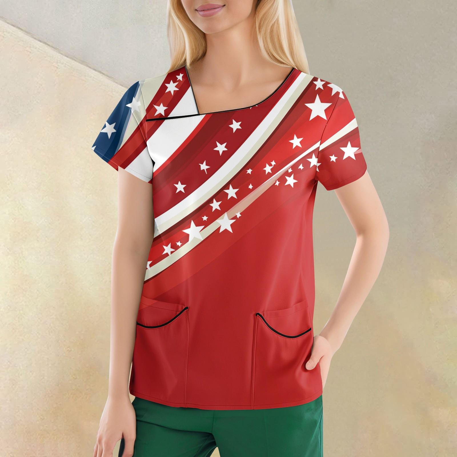 

Женская повседневная рабочая одежда с короткими рукавами и наклонным воротником с принтом и двойными карманами M красный