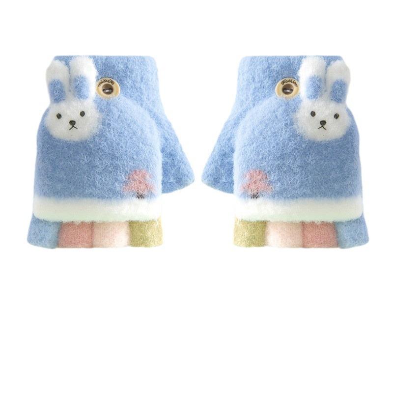 Cute little rabbit half-finger flip cover dew finger writing girl winter kindergarten warm thickened cold-proof primary school students gloves