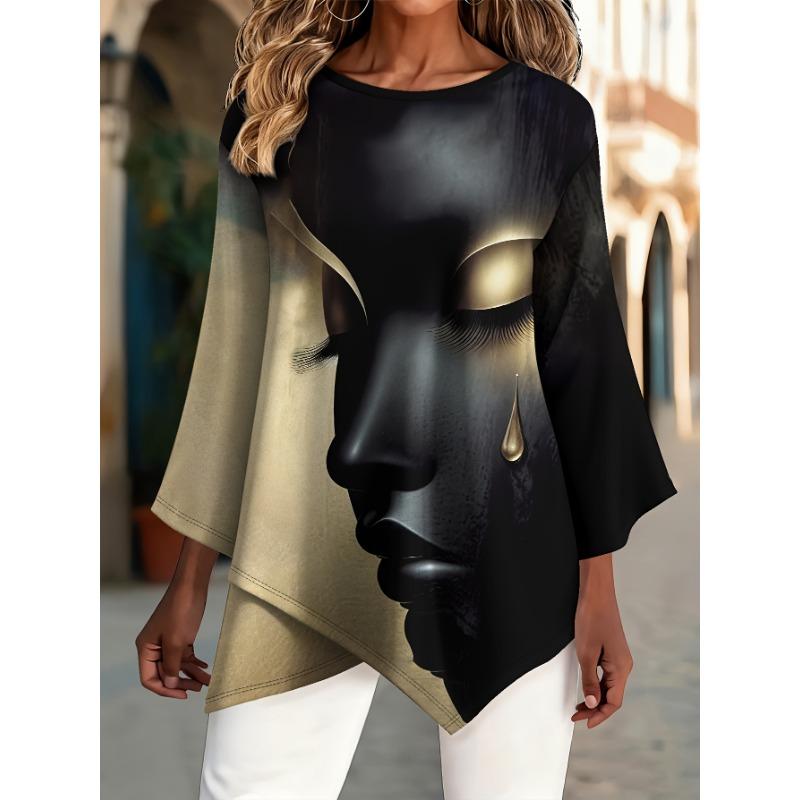 Beach casual comfortable cross hem asymmetric holiday gift women s round neck three-quarter sleeve T-shirt spring and summer S