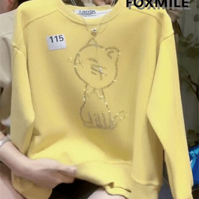 

Горячая футболка с бриллиантами, модная толстовка свободного кроя с круглым вырезом в корейском стиле для женщин, новая осенне-зимняя кофта с длинным рукавом L жёлтый