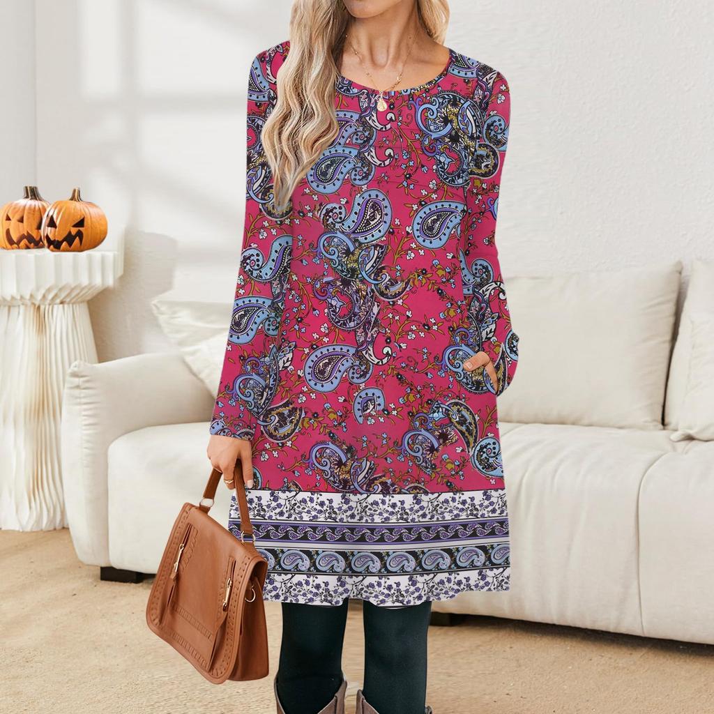 Rochie cu mânecă lungă pentru femei Toamnă Casual Tricou Croială lejeră Rochii cu pliuri în față cu buzunare