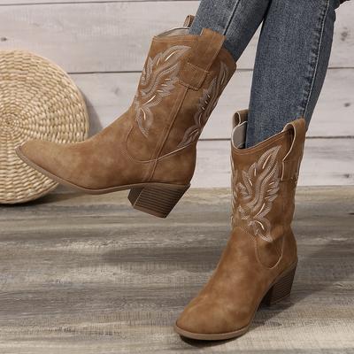 Modische Schuhe für Damen Neue bestickte Western-Cowboystiefel Damen Herbst Spitzzehen Dicke Absätze Hohe Kniestiefel Frau Botas De Mujer