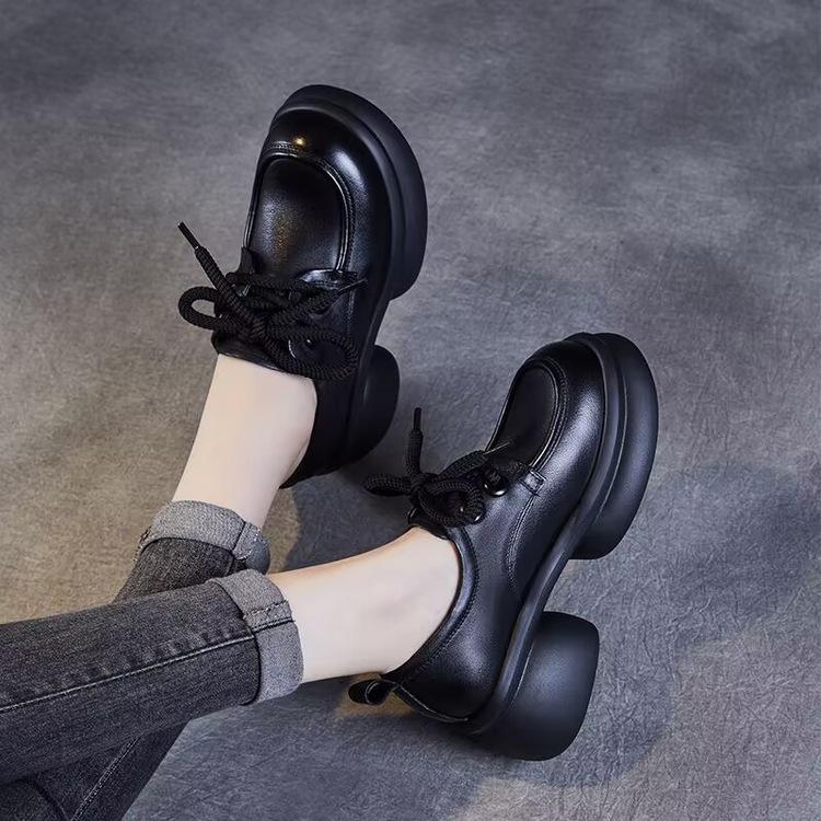 British style platform muffin heel small leather shoes women's autumn 2025 new lace-up loafers versatile casual shoes
