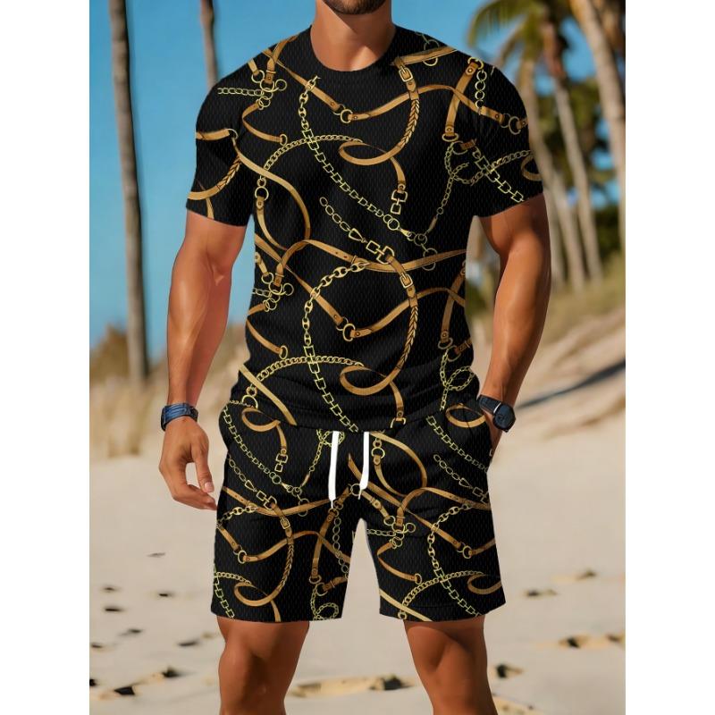 Men'S Summer Casual Sportswear Set Featuring a Breathable Round-Neck T-Shirt And Shorts with Digital Print