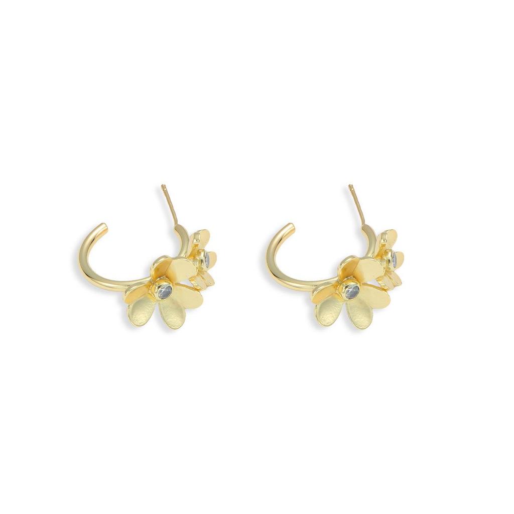 Copper 3D Double Flower C-Stud Earrings with Cubic Zirconia - Elegant Women's Jewelry
