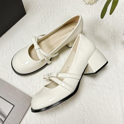 Patent Leather Mary Jane Shoes Thick Heels Bow Low Heeled Leather Shoes Versatile French Temperament Round Head Women's Shoes
