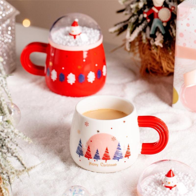 Christmas Cartoon Creative Snowman Super Cute Ceramic Cup with Lid Couple Flower Tea Cup Office Coffee Mug