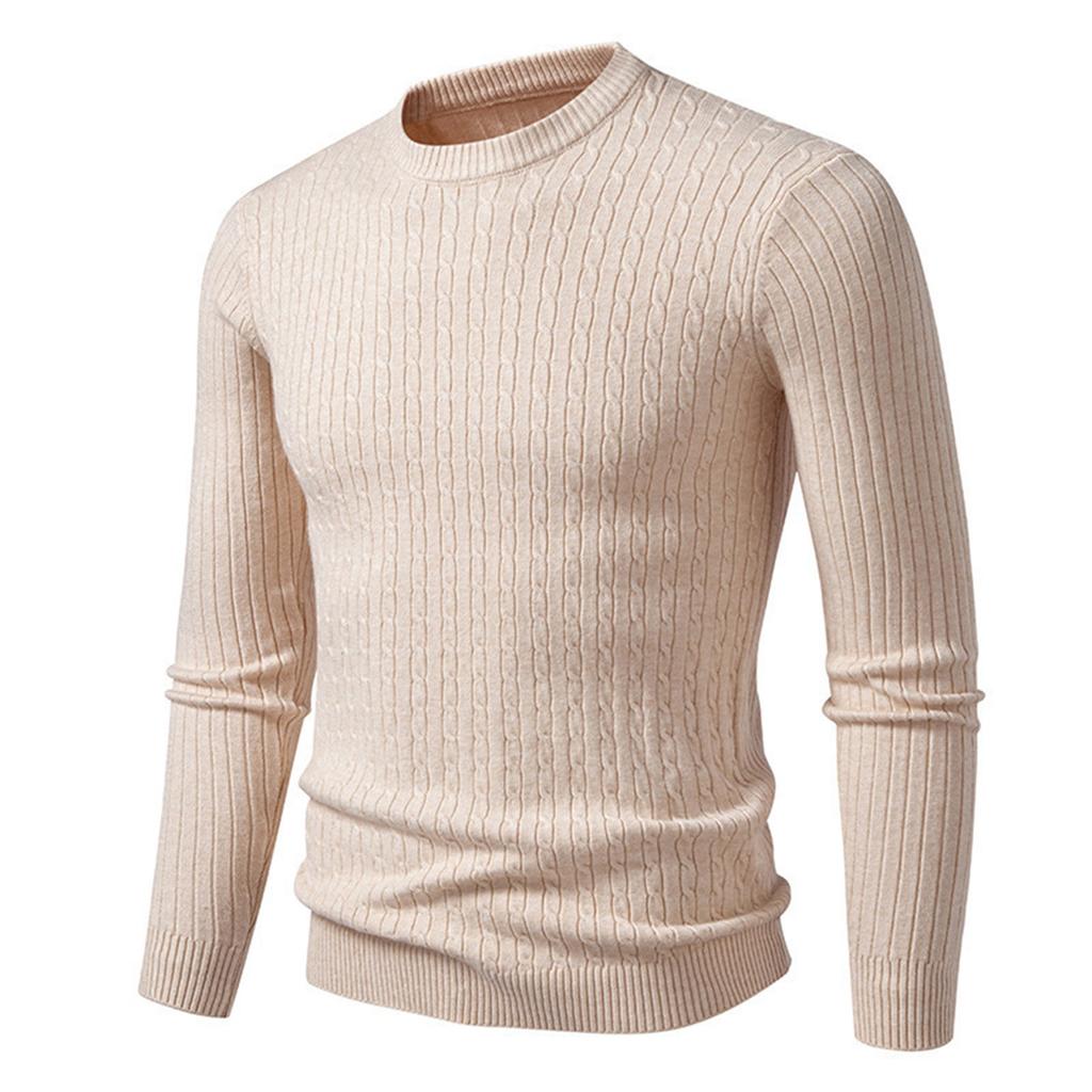 Men's Long Sleeved Solid Color Cable Knit Sweater Bottoming Shirt Slim Fit Pullover
