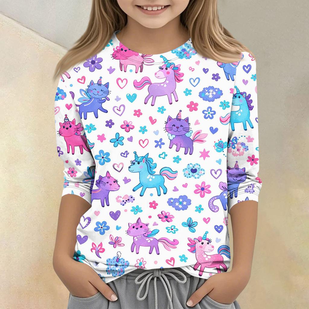 Children's Printed Round Neck Seven Quarter Sleeve Casual T-shirt