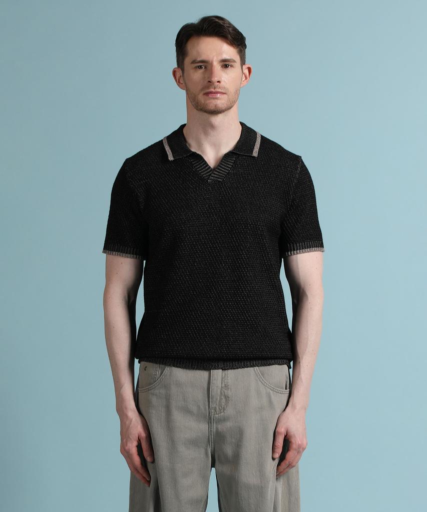 PANICALE Black Melange Johnny Collar Polo Knit