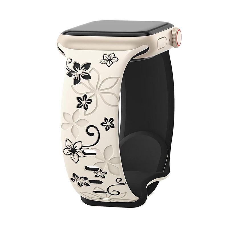 Embossed Floral Silicone Apple Watch Strap: Unisex, Sports, Two-Tone, Infinity Buckle.