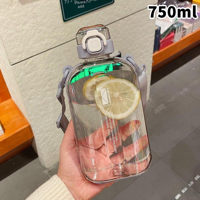Square Flat Transparent Portable Water Bottle with adjustable strap lightweight for hiking school travel office