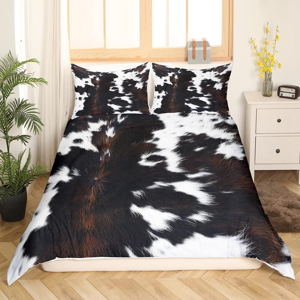 Cowhide King Queen Duvet Cover Patchwork Cow Fur Print Bedding Set Animal Quilt Cover Western Cowboy Polyester Comforter Cover