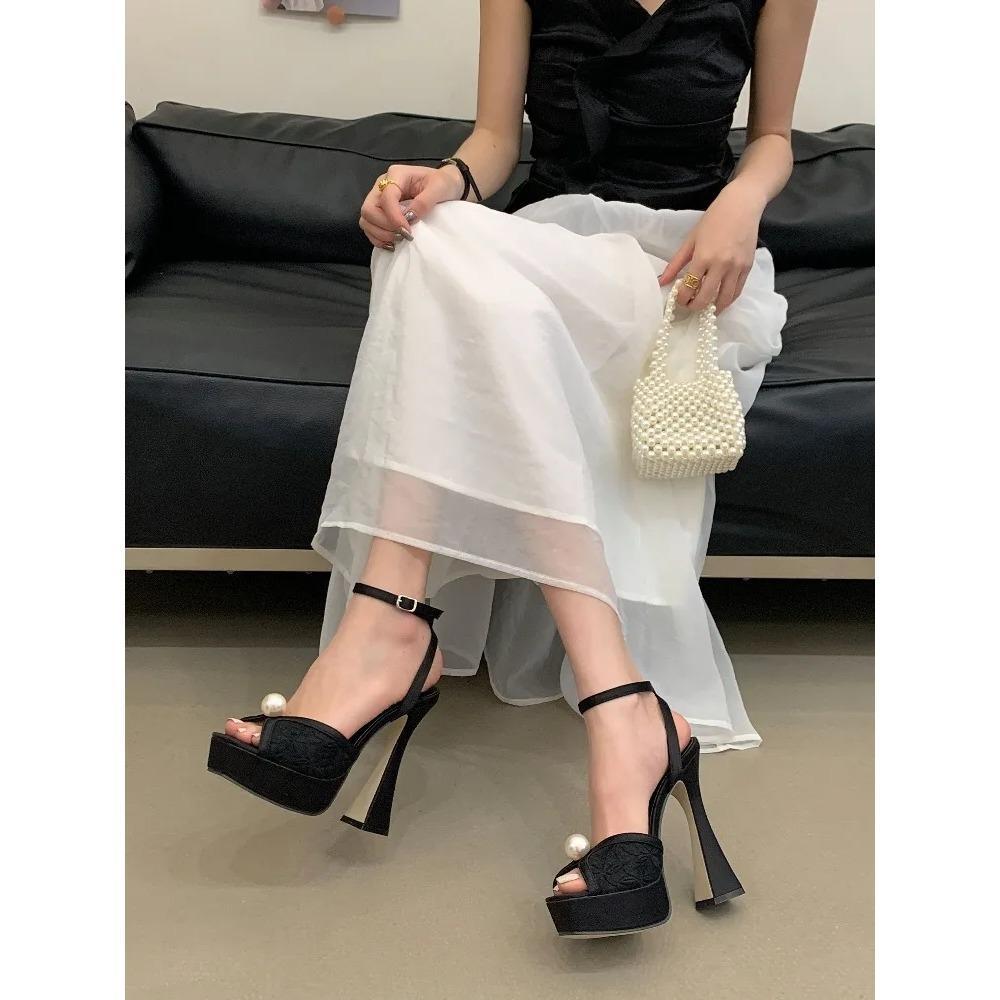 Pesstwei Summer Fashion Peep Toe Women Sandals High Quality Satin Pearl Square Heels Shoes Buckle Strap Zapatos De Mujer