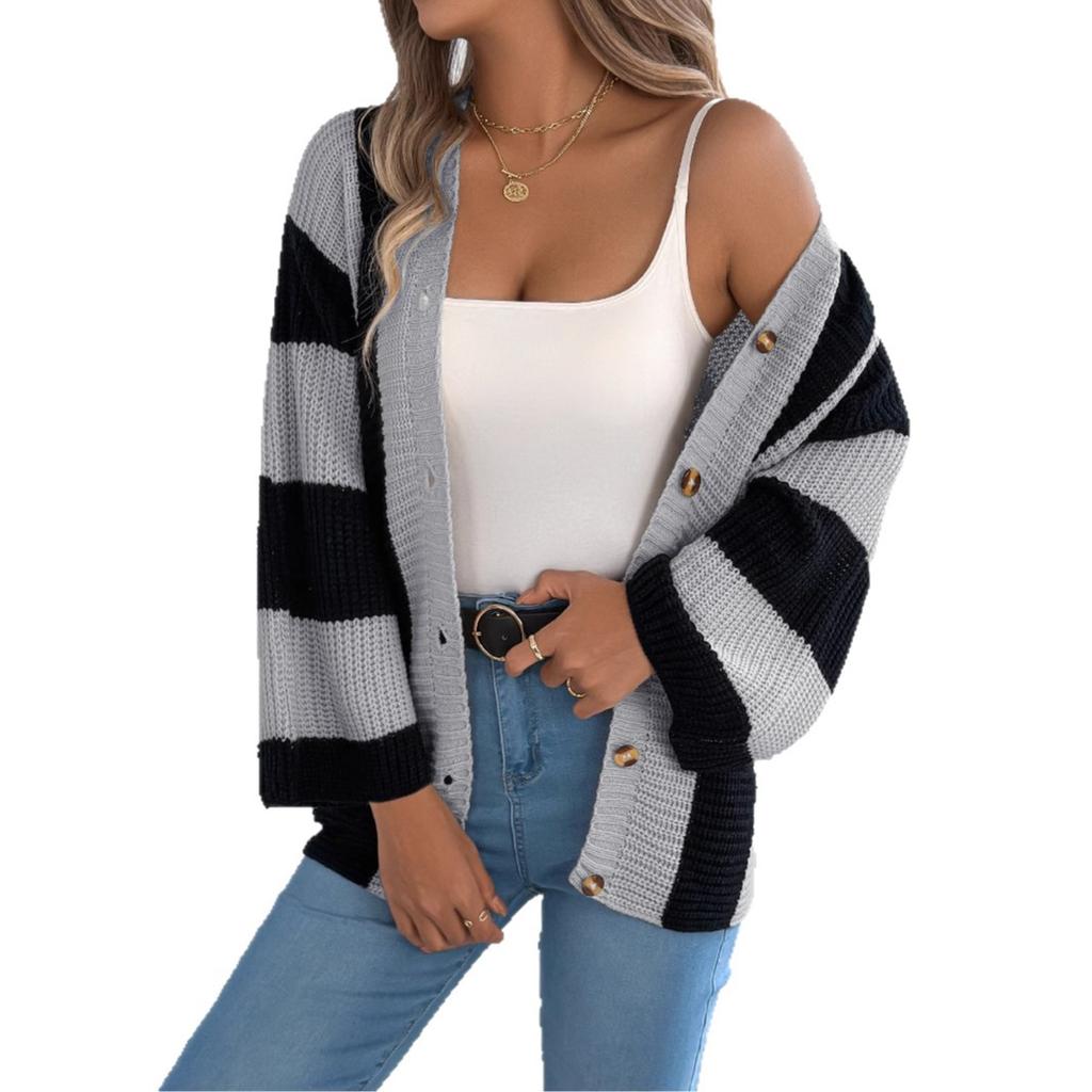 QICED Autumn and Winter Color-blocking Striped Flared Sleeve Cardigan Sweater Mid-length Coat Women's Wear