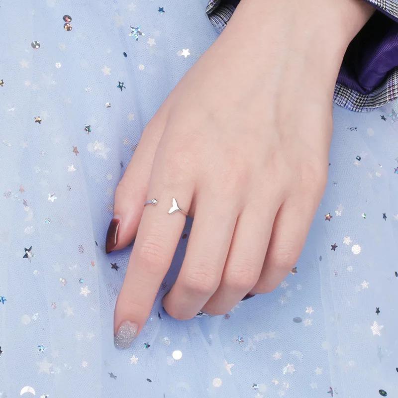 Simple Trendy Silver Color Mermaid Tail Cuff Ring With Cubic Zirco Sea Whale Fish Tail Bague Rings Minimalist Romantic Gifts