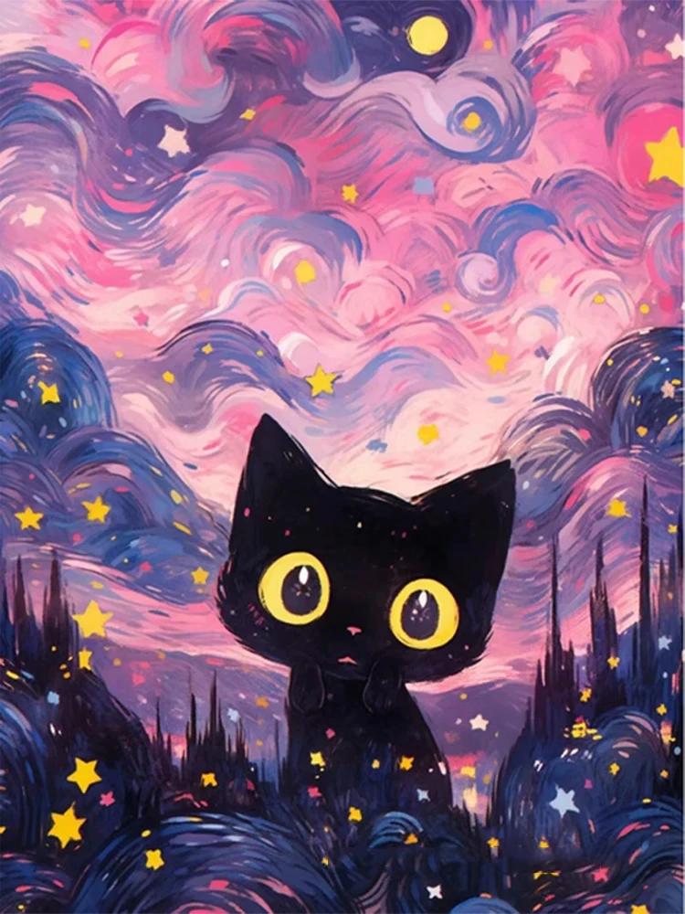 Abstrakt Stjärnhimmel och Svart Katt Affischer och Tryck Canvas Målning Väggkonst Bilder För Vardagsrum Hem Mural Dekoration Gåva