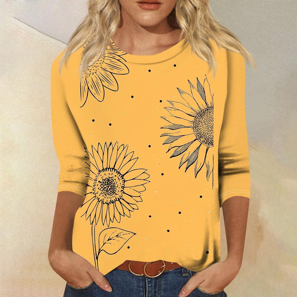 Women Casual Floral Print Three Quarter Sleeve Round Neck Top Lightweight Soft Fabric Relaxed Fit Blouse for Everyday Wear