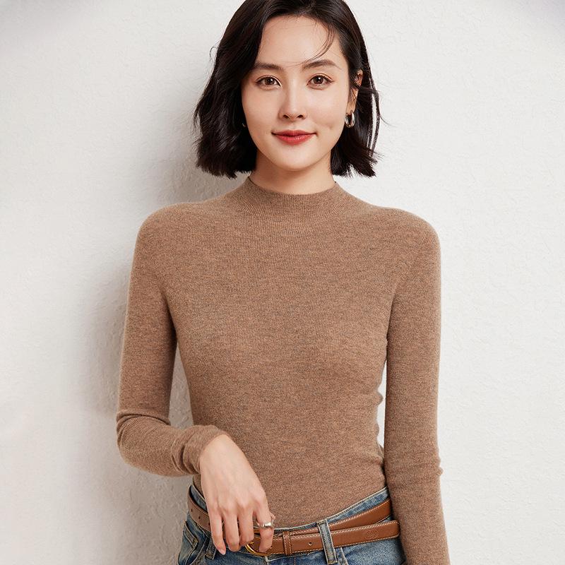 Machine Washable Fine-Spun Wool Sweater: 2026 Autumn/Winter Women's Slim Fit Knit with Half-High Collar.