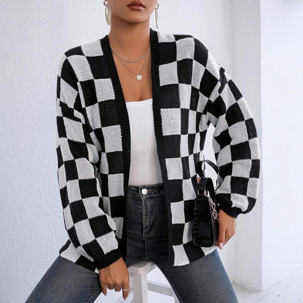 Spring and Autumn New Women's Cardigan Sweater Thick Checkerboard Casual Sweater Jacket