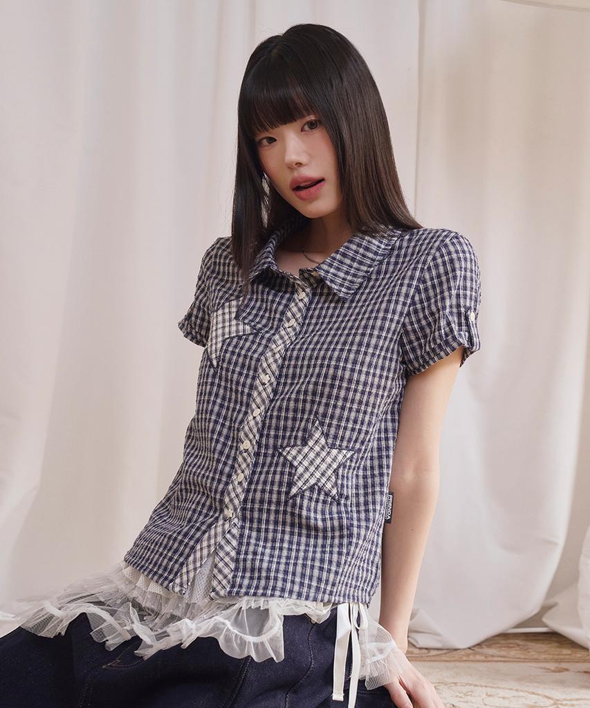 PRENDA Star Patch Roll Up Check Short Sleeve Shirt Navy