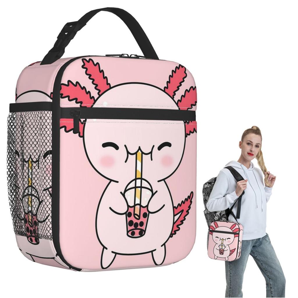 Cute Axolotl Milk Tea Print Insulated Lunch Bag for Women Children Portable Food Boxes Thermal Lunch Box Tote