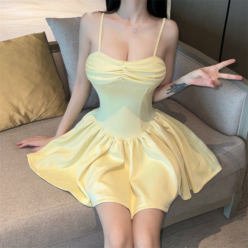 

Юбка с плиссировкой в виде буквы «А» с одним словом, летнее женское платье Spice Girl с тонкой талией и подтяжками S жёлтый