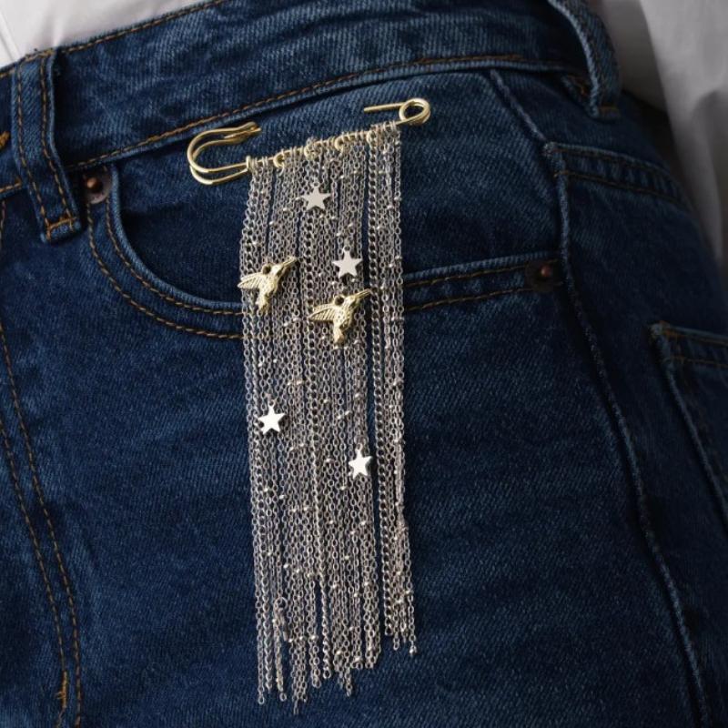 Przesadny Metalowy Łańcuszek Wielokrotne Frędzle Broszki Akcesoria do Ubrań Pięcioramienna Gwiazda Stylowa Przypinka Akcesoria Biżuteria Prezenty