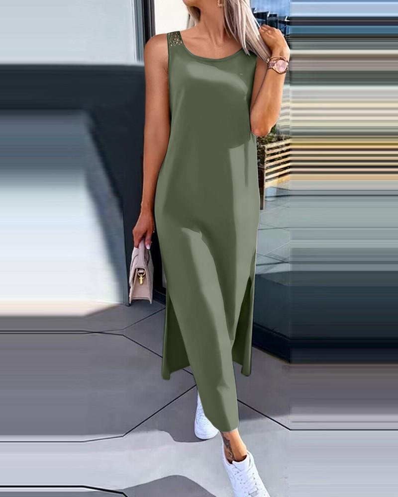 

Новое летнее однотонное платье без рукавов с кружевной спиной для женщин 2024 Large армия зеленый