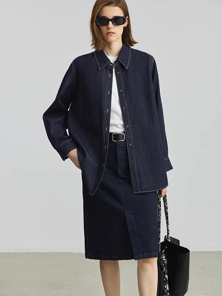 

Джинсовая рубашка Wen Jiu 2026 Ранняя весна Повседневная с дизайном со спущенным плечом 36 синий