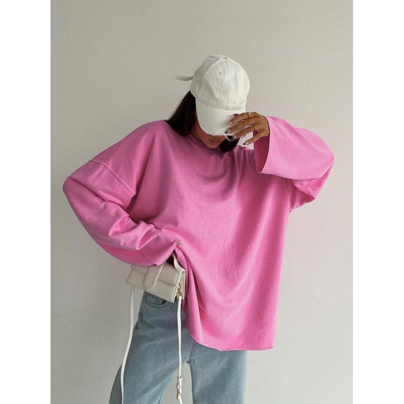 Frühling und Sommer Neues Rosa Langarm-T-Shirt Für Damen, Locker Und Vielseitig, Einfarbig Gestricktes Basis-T-Shirt, Lässig Und Modisch