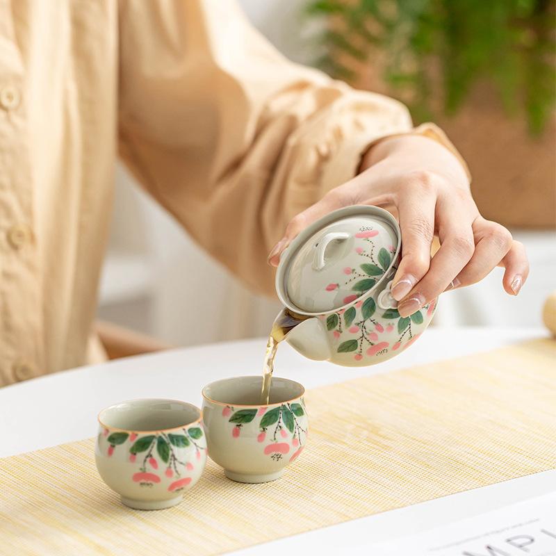 Hand painted stamen Kung Fu tea set, plant ash underglaze color brewing teapot, teacup storage bag, household ceramic travel set